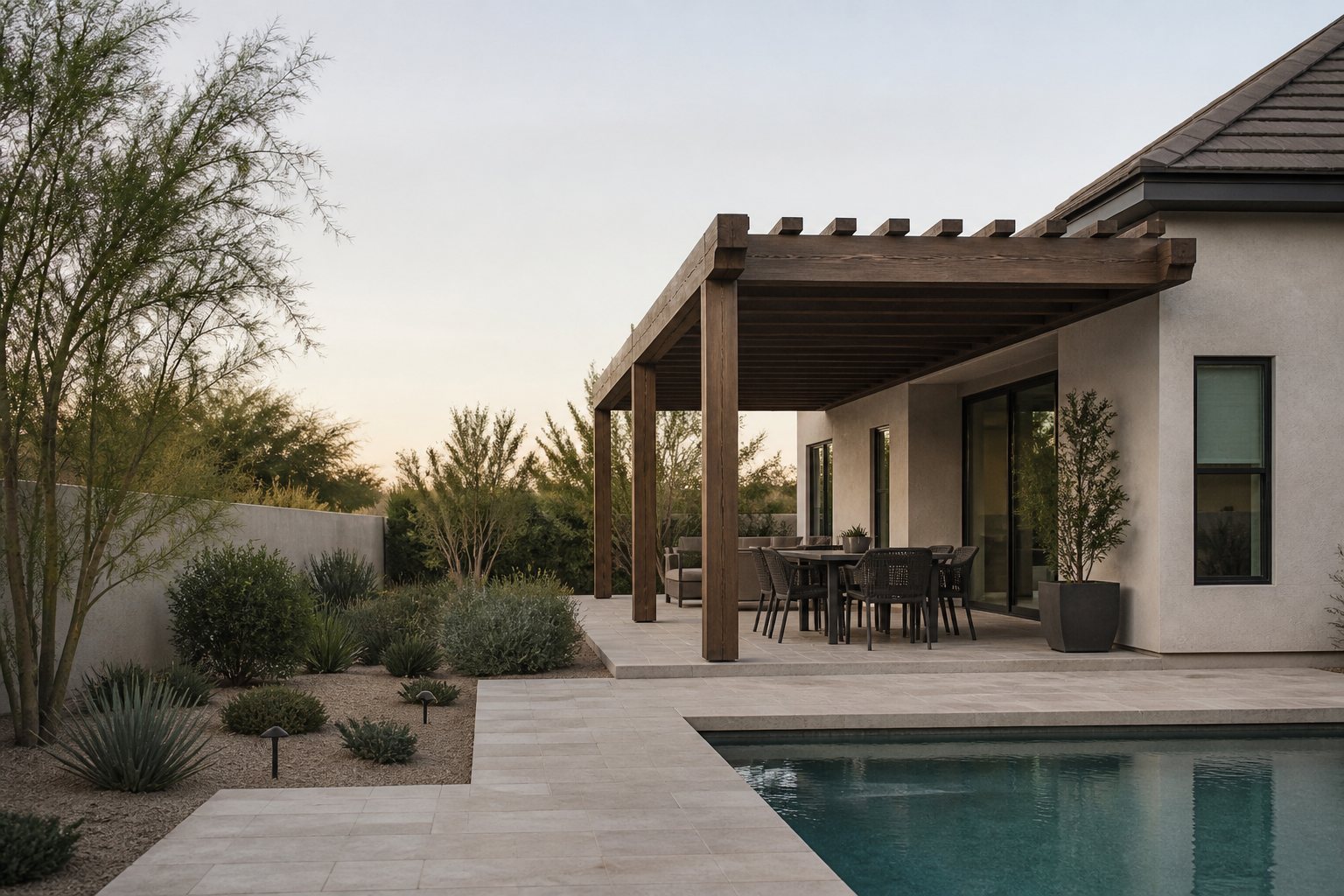 A quiet East Valley backyard with a pergola and pool